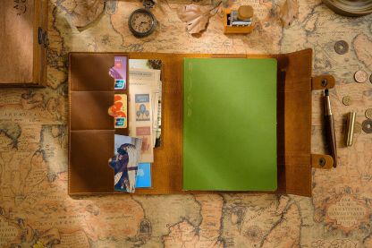 A5 三つ折り 革 ノート カバー カードホルダー付き ボタン閉め