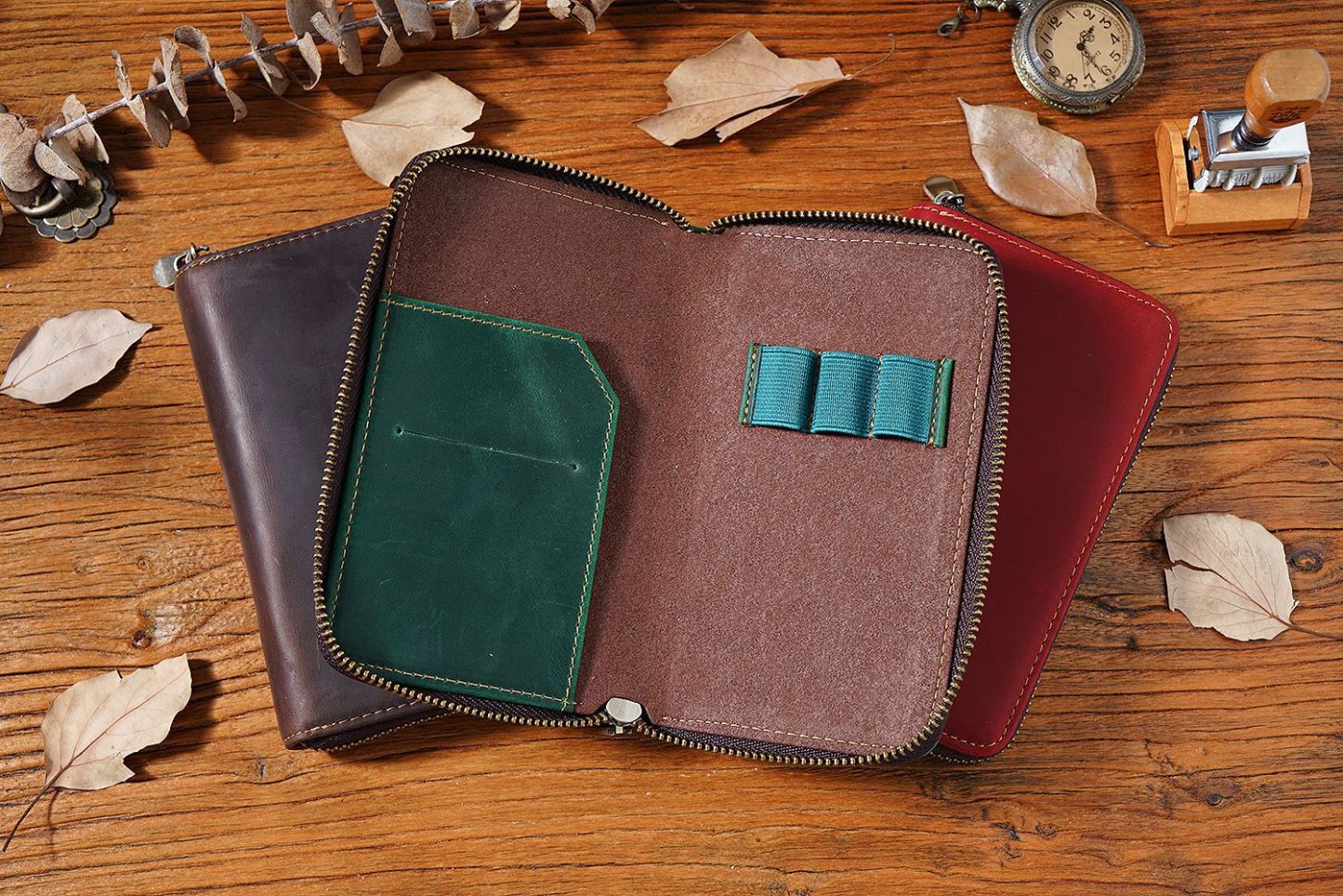 革 ペンケース 3本入れ  高級万年筆対応 レシート収納