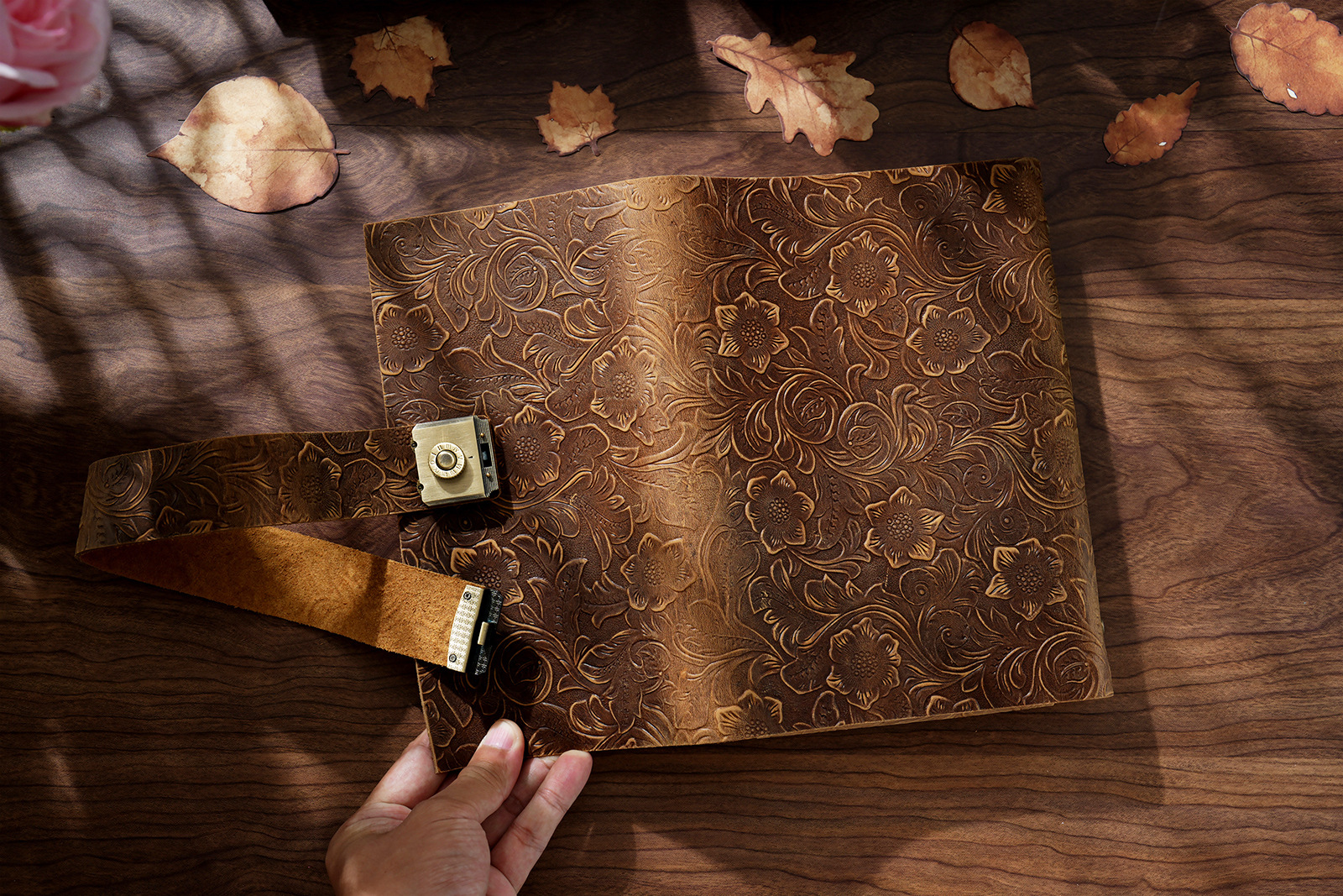 A5 6穴 バインダー 三つ折り 革カバー ノート パスワードロック付き