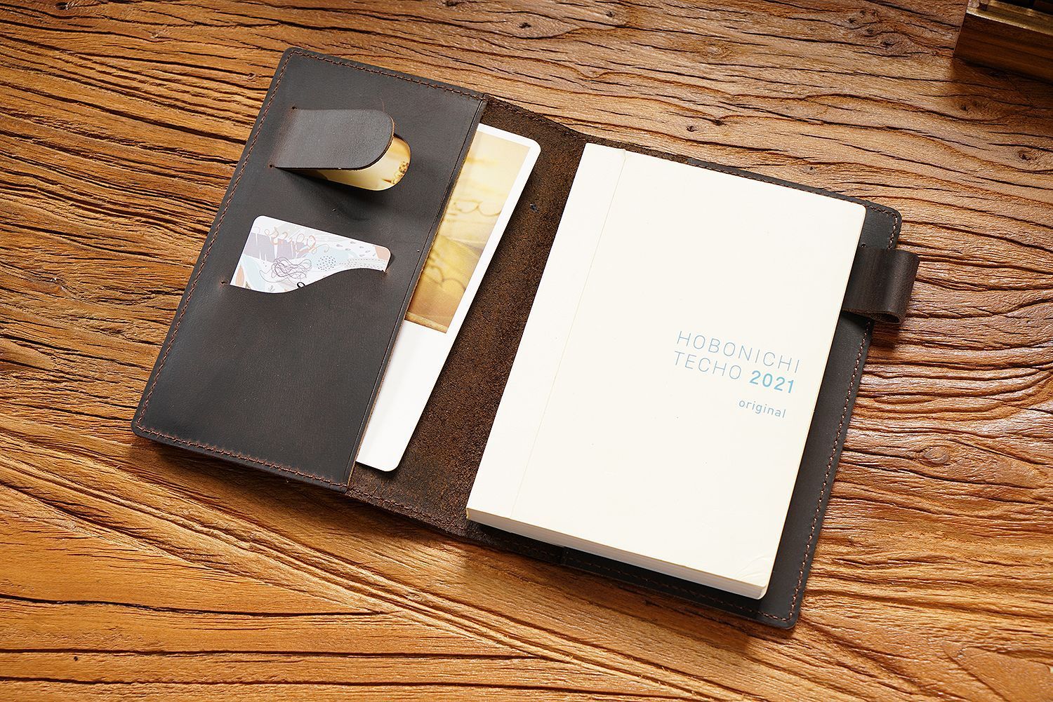 A6 水牛革 シンプル ノート カバー しおり ペンホルダー カードホルダー付き