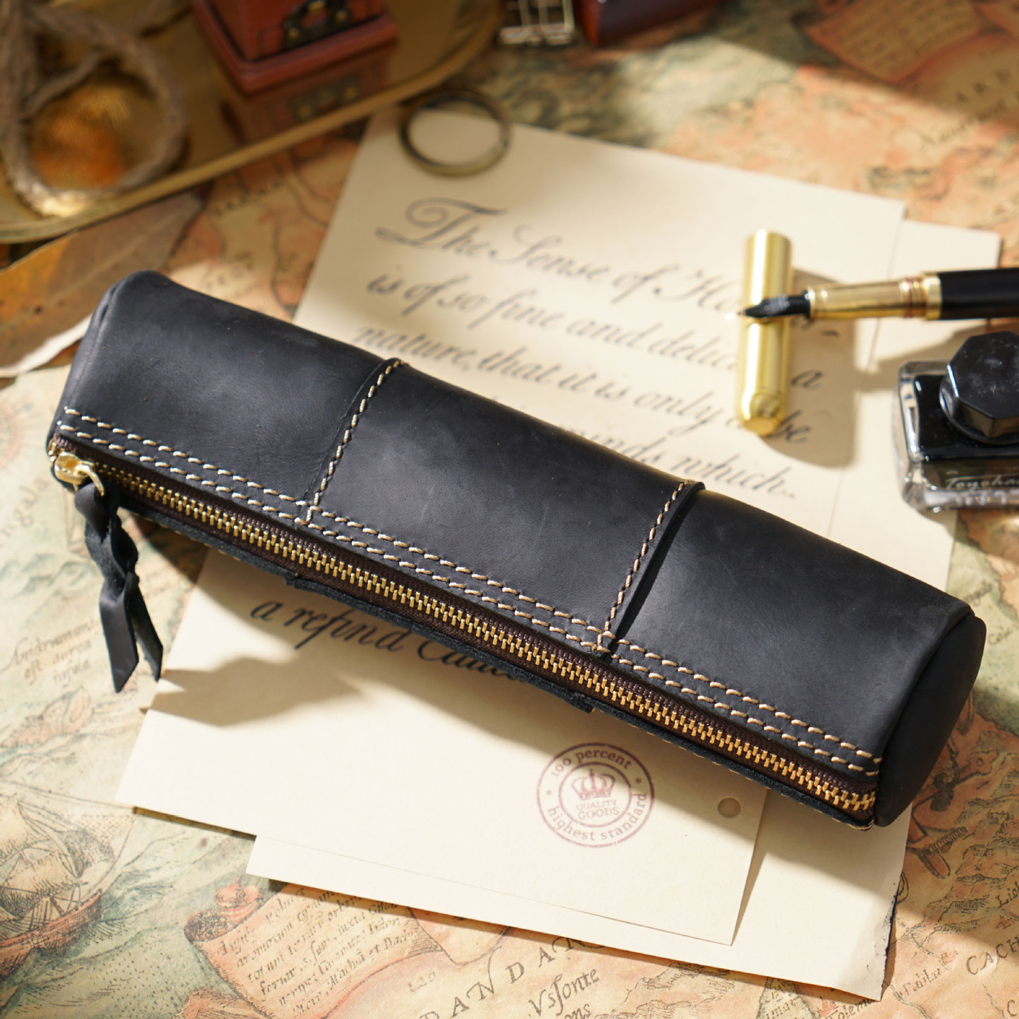 革 ペンケース 竹模様 ファスナー筆箱