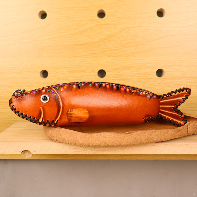 植物鞣し革 ペンケース 面白い 魚 ファスナー筆箱
