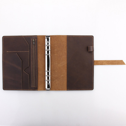 A5 6穴 バインダー 大容量収納 革カバー ノート ファスナーポケット