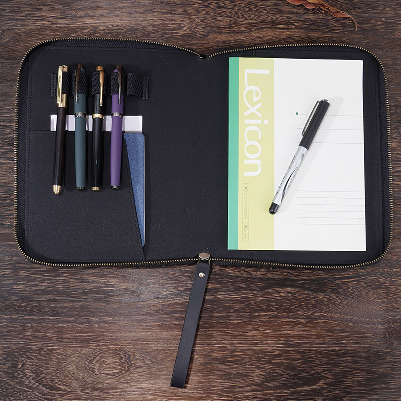 A5 革 ノート カバー 5本差し 多機能 ファスナー ペンケース
