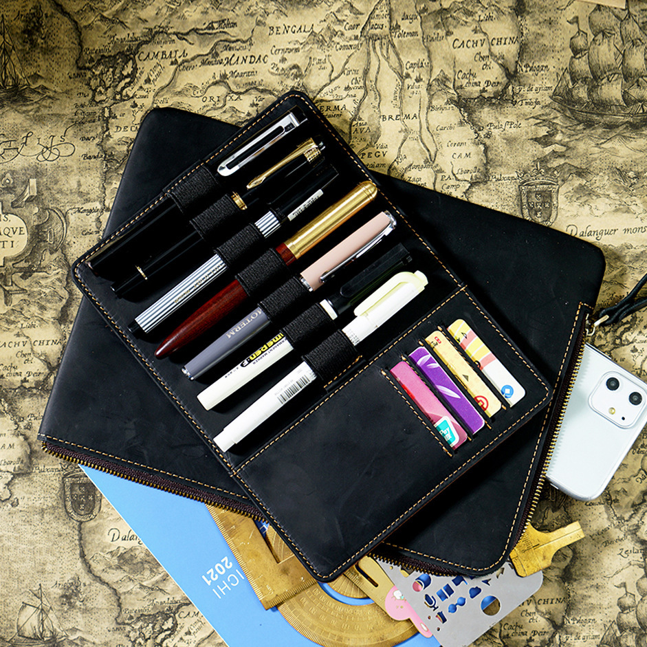 革 ペンケース 7本入れ 高級万年筆対応 筆/カード収納パッドとファスナーバッグ