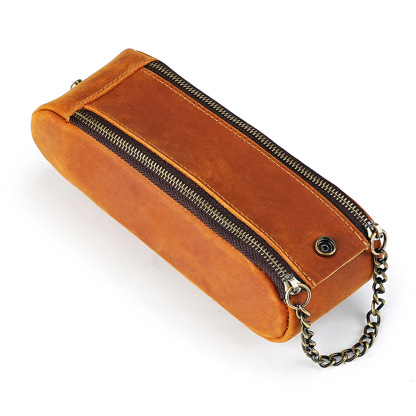 大容量 ファスナー 革 ペンケース 多機能 ペン立て付き チェンハンドル