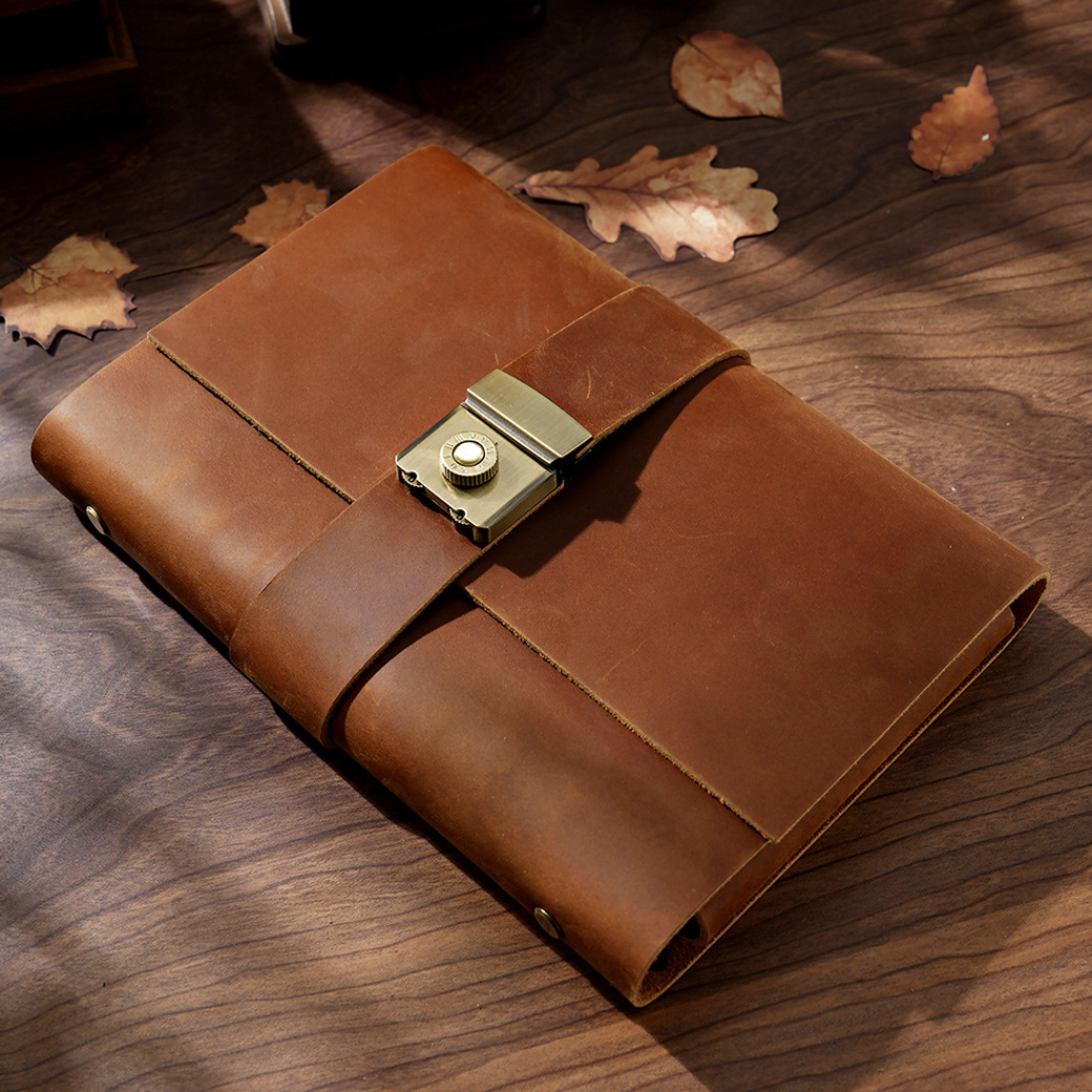 A5 6穴 バインダー 三つ折り 革カバー ノート パスワードロック付き