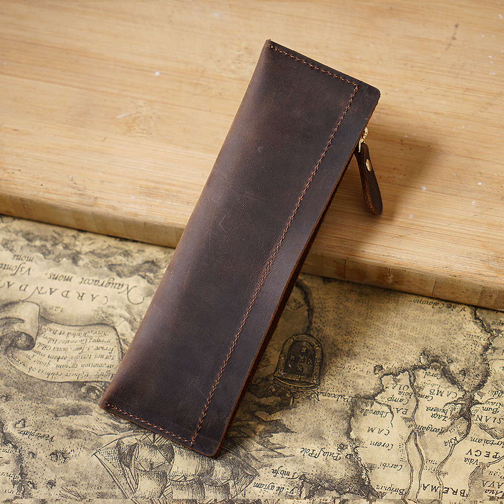 小さくてスリム 革 ペンケース ファスナー筆箱