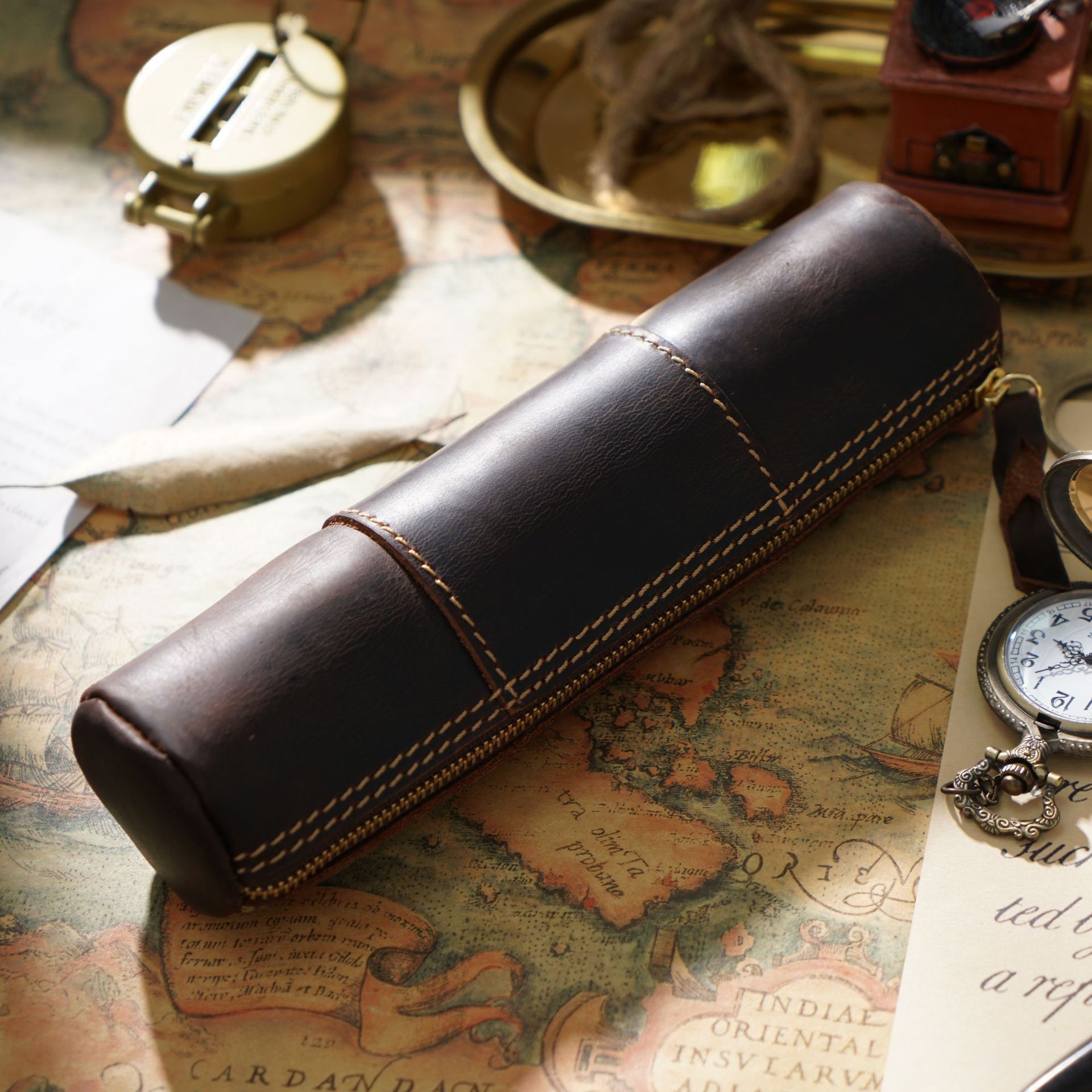 革 ペンケース 竹模様 ファスナー筆箱