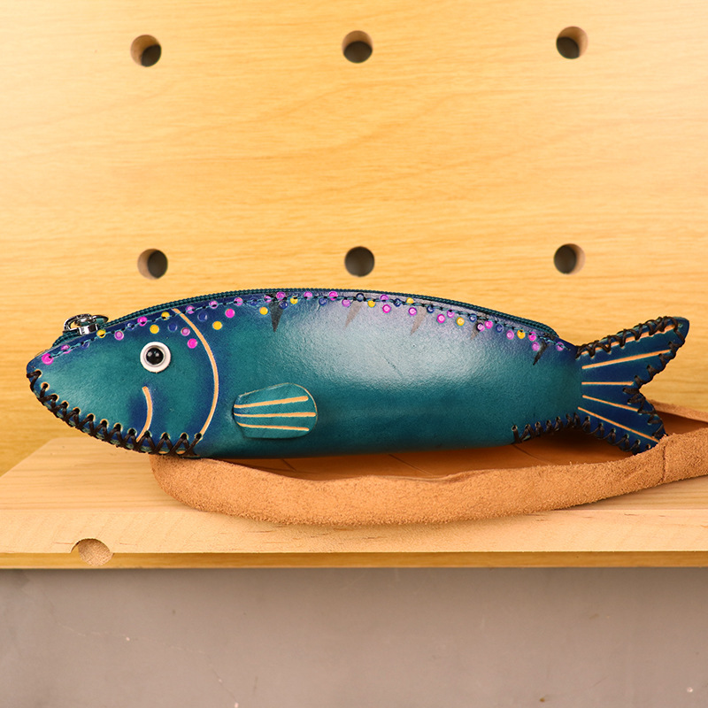 植物鞣し革 ペンケース 面白い 魚 ファスナー筆箱