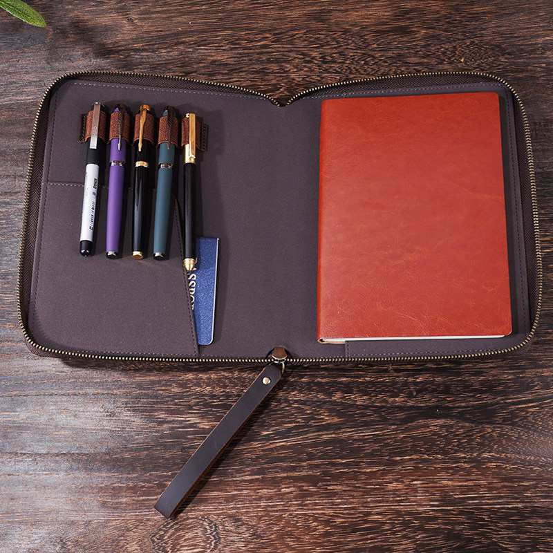 A5 革 ノート カバー 5本差し 多機能 ファスナー ペンケース