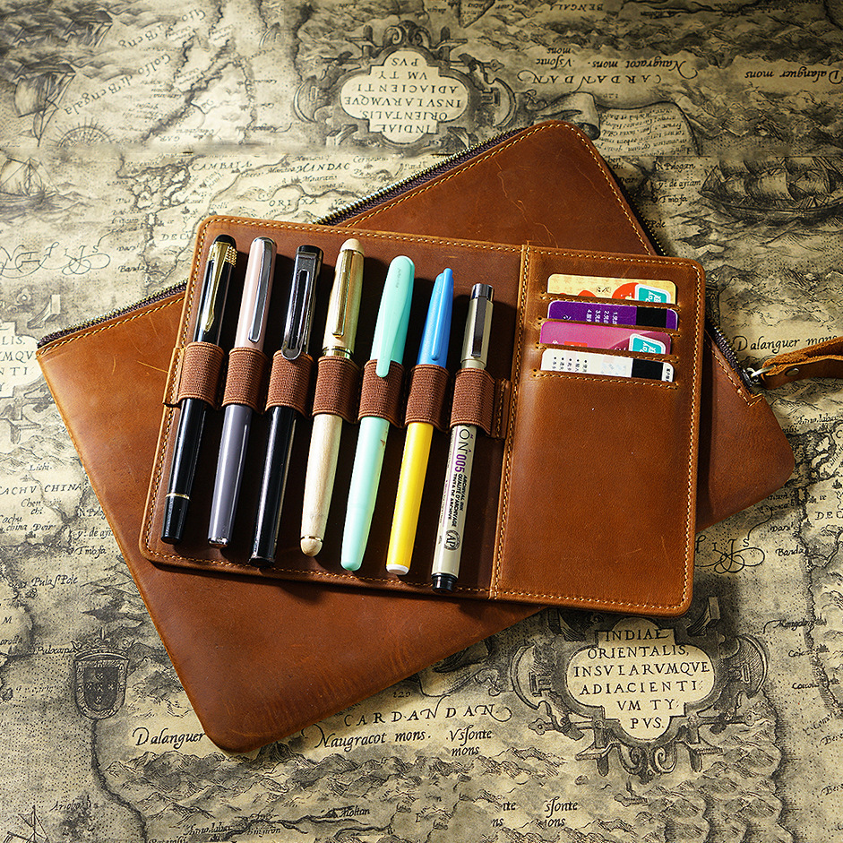 革 ペンケース 7本入れ 高級万年筆対応 筆/カード収納パッドとファスナーバッグ