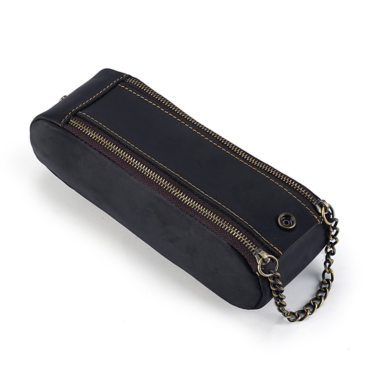 大容量 ファスナー 革 ペンケース 多機能 ペン立て付き チェンハンドル