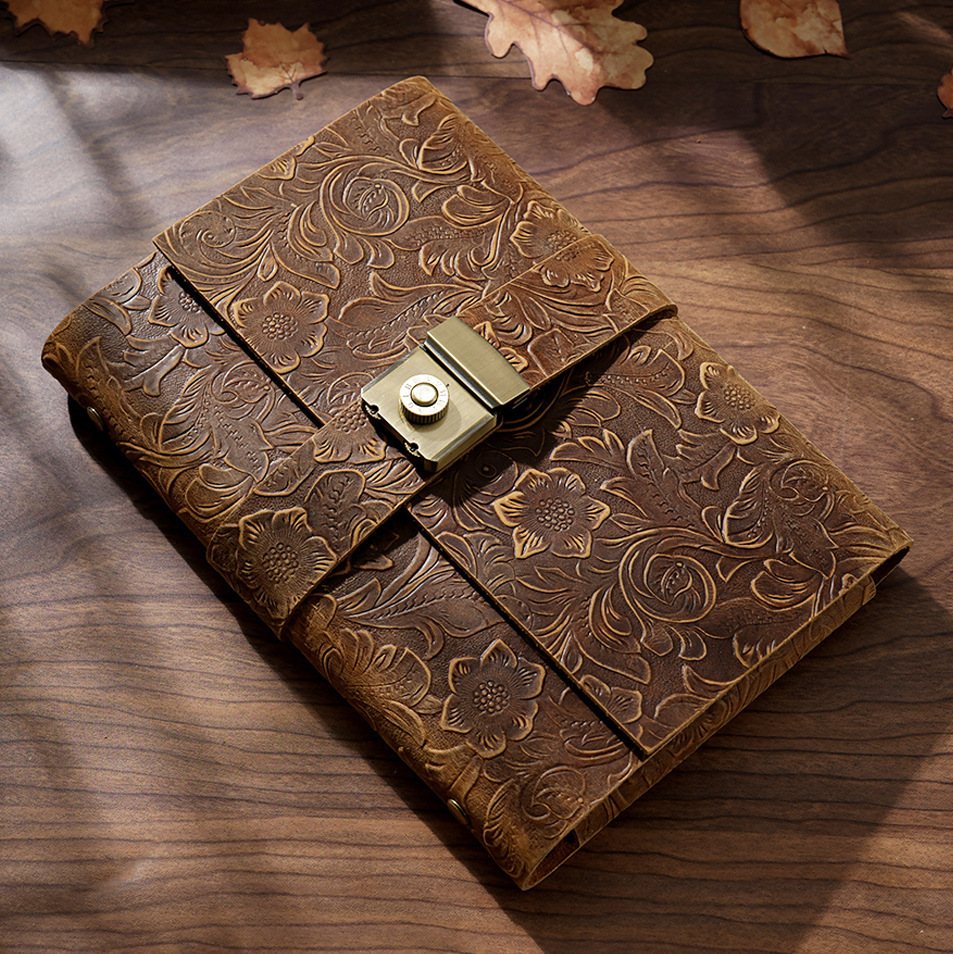 A5 6穴 バインダー 三つ折り 唐草模様 革カバー ノート パスワードロック付き