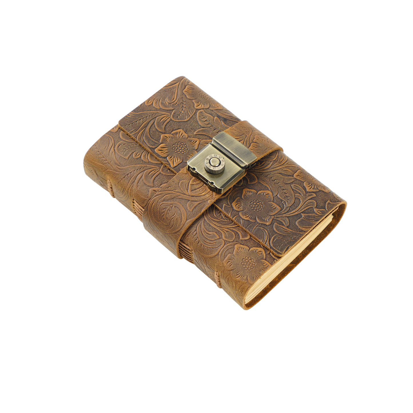 A7 革カバー ノート 手縫い システム手帳 花柄カバー 鍵付きノート