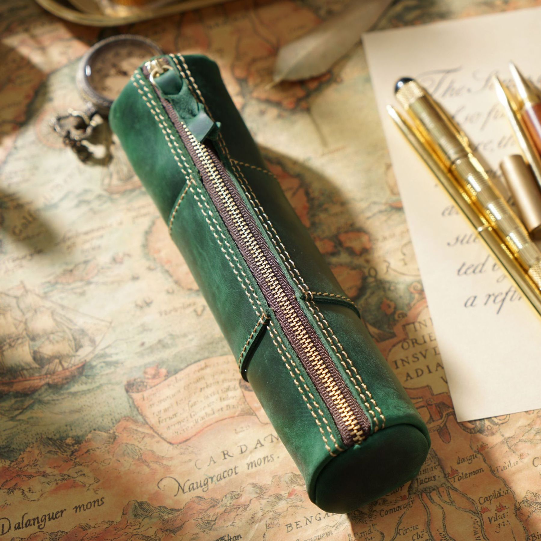 革 ペンケース 竹模様 ファスナー筆箱