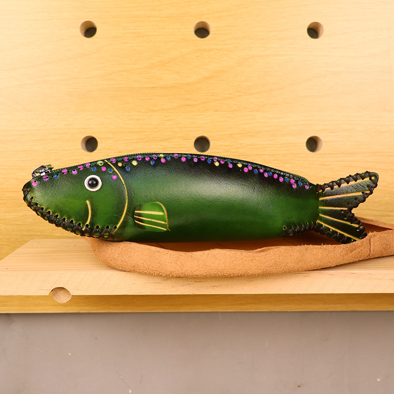 植物鞣し革 ペンケース 面白い 魚 ファスナー筆箱