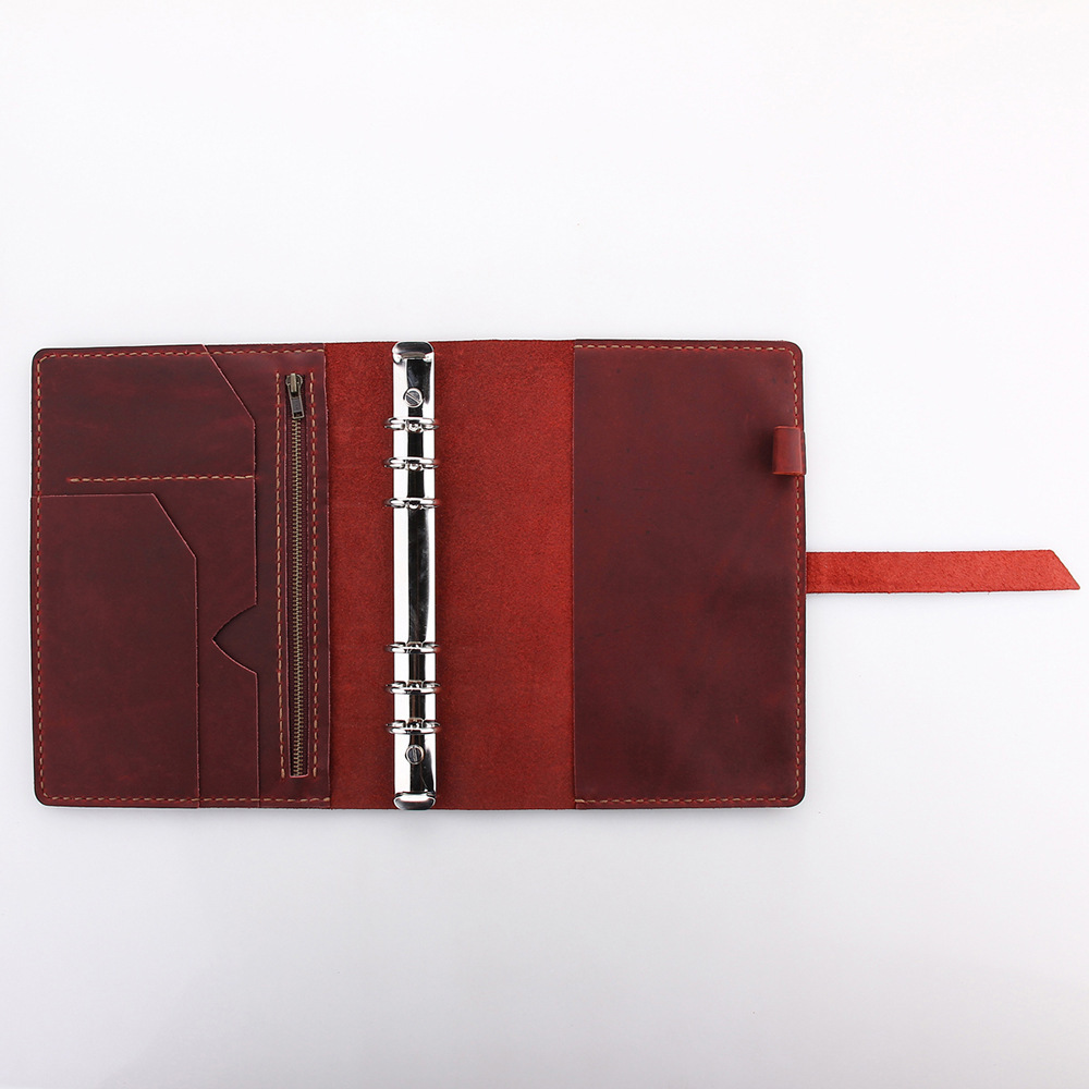 A5 6穴 バインダー 大容量収納 革カバー ノート ファスナーポケット