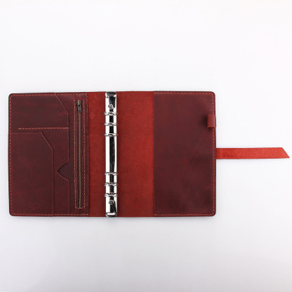 A5 6穴 バインダー 大容量収納 革カバー ノート ファスナーポケット