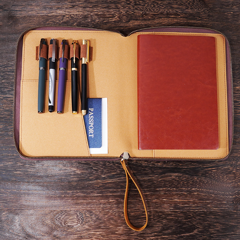 A5 革 ノート カバー 5本差し 多機能 ファスナー ペンケース