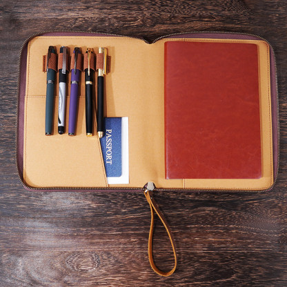 A5 革 ノート カバー 5本差し 多機能 ファスナー ペンケース