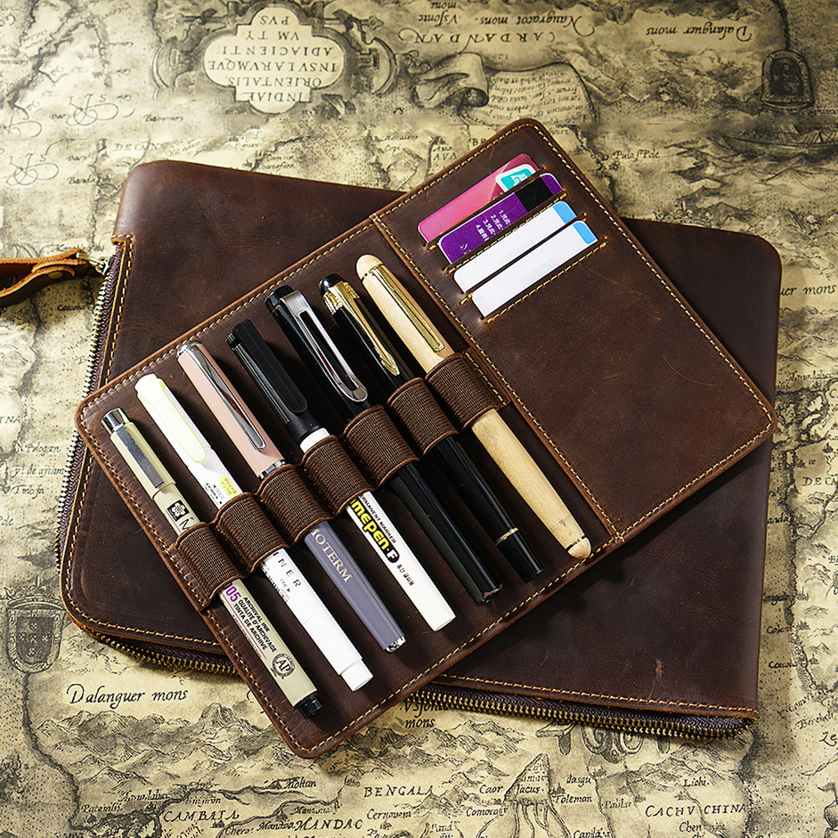 革 ペンケース 7本入れ 高級万年筆対応 筆/カード収納パッドとファスナーバッグ