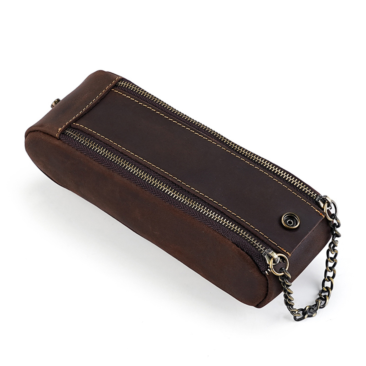 大容量 ファスナー 革 ペンケース 多機能 ペン立て付き チェンハンドル