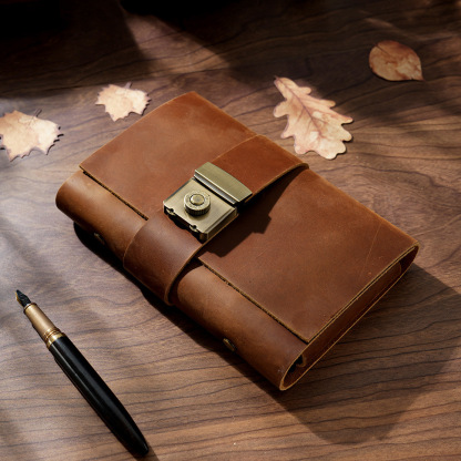 A6 6穴 バインダー 三つ折り 革カバー ノート パスワードロック付き