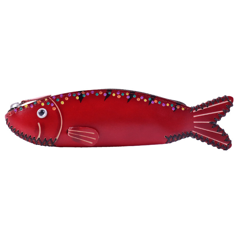 植物鞣し革 ペンケース 面白い 魚 ファスナー筆箱