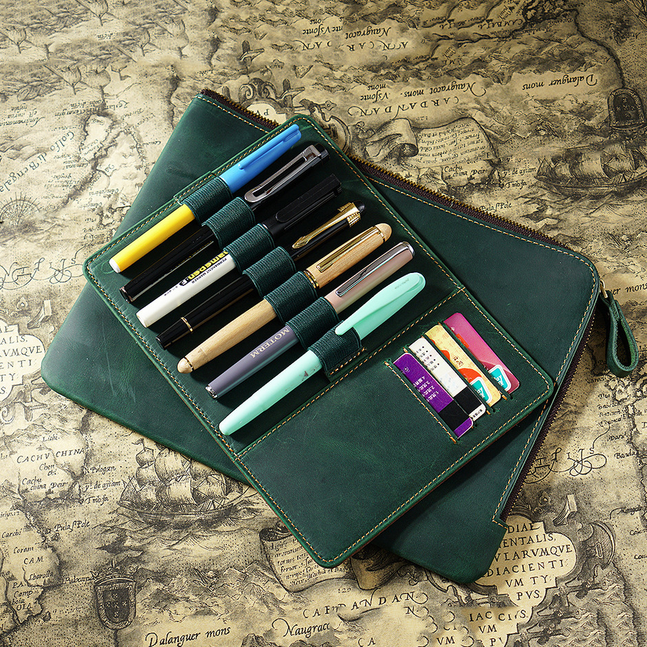 手作り の 革 ペンケース 7本入れ 高級万年筆対応 筆/カード収納パッドとファスナーバッグ