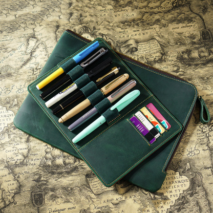 革 ペンケース 7本入れ 高級万年筆対応 筆/カード収納パッドとファスナーバッグ