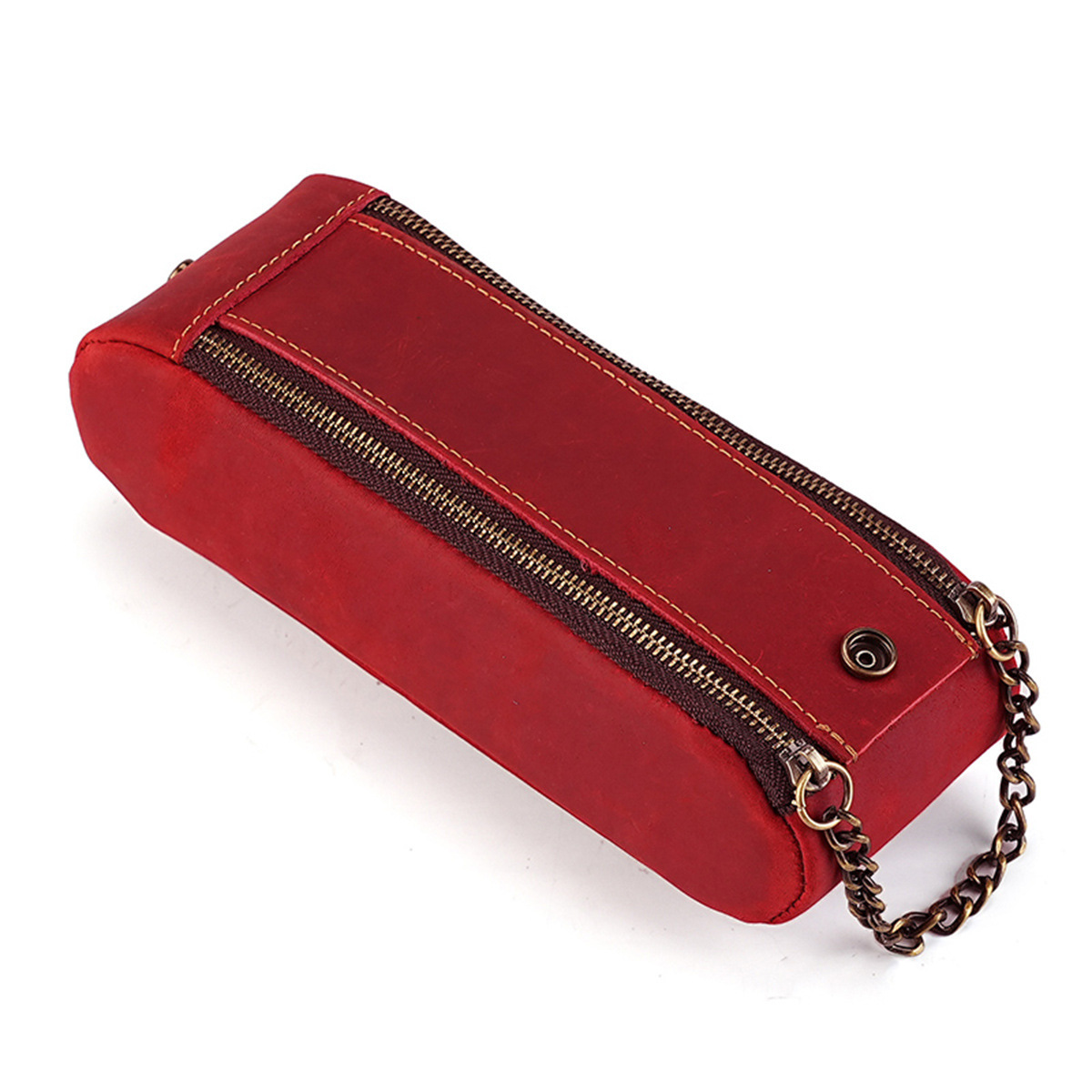 大容量 ファスナー 革 ペンケース 多機能 ペン立て付き チェンハンドル