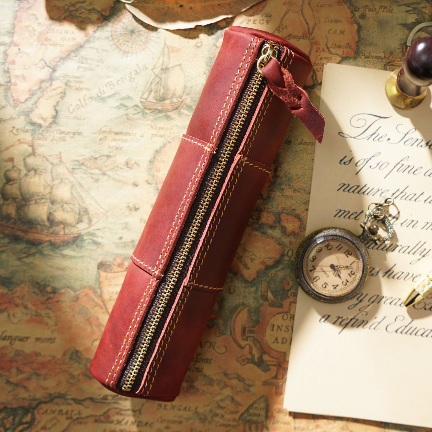 革 ペンケース 竹模様 ファスナー筆箱