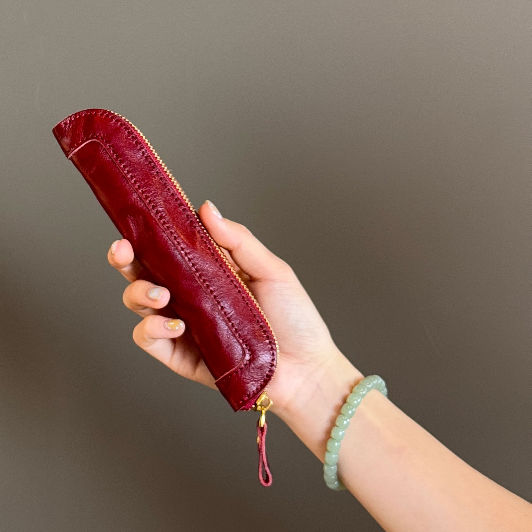 手作り の 植物鞣し革 スリム ペンケース ファスナー 筆箱