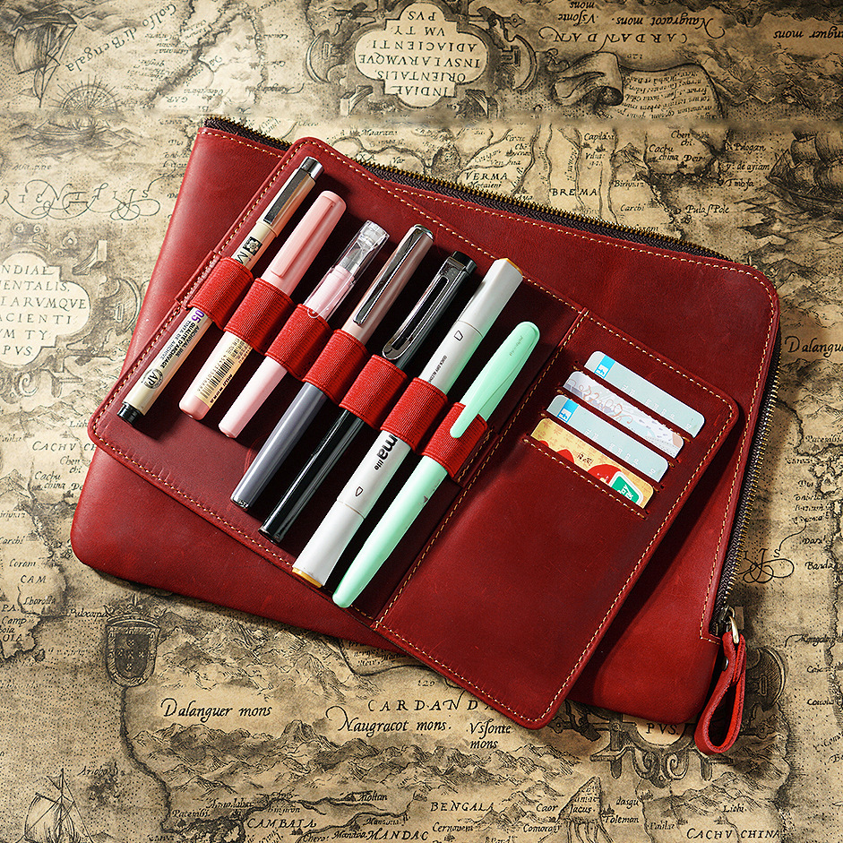 革 ペンケース 7本入れ 高級万年筆対応 筆/カード収納パッドとファスナーバッグ