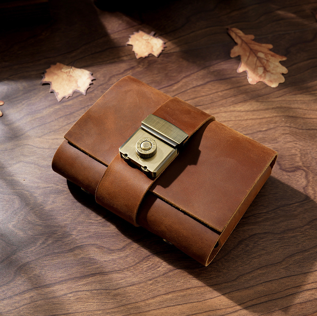 A7 6穴 バインダー 三つ折り 革カバー ノート パスワードロック付き