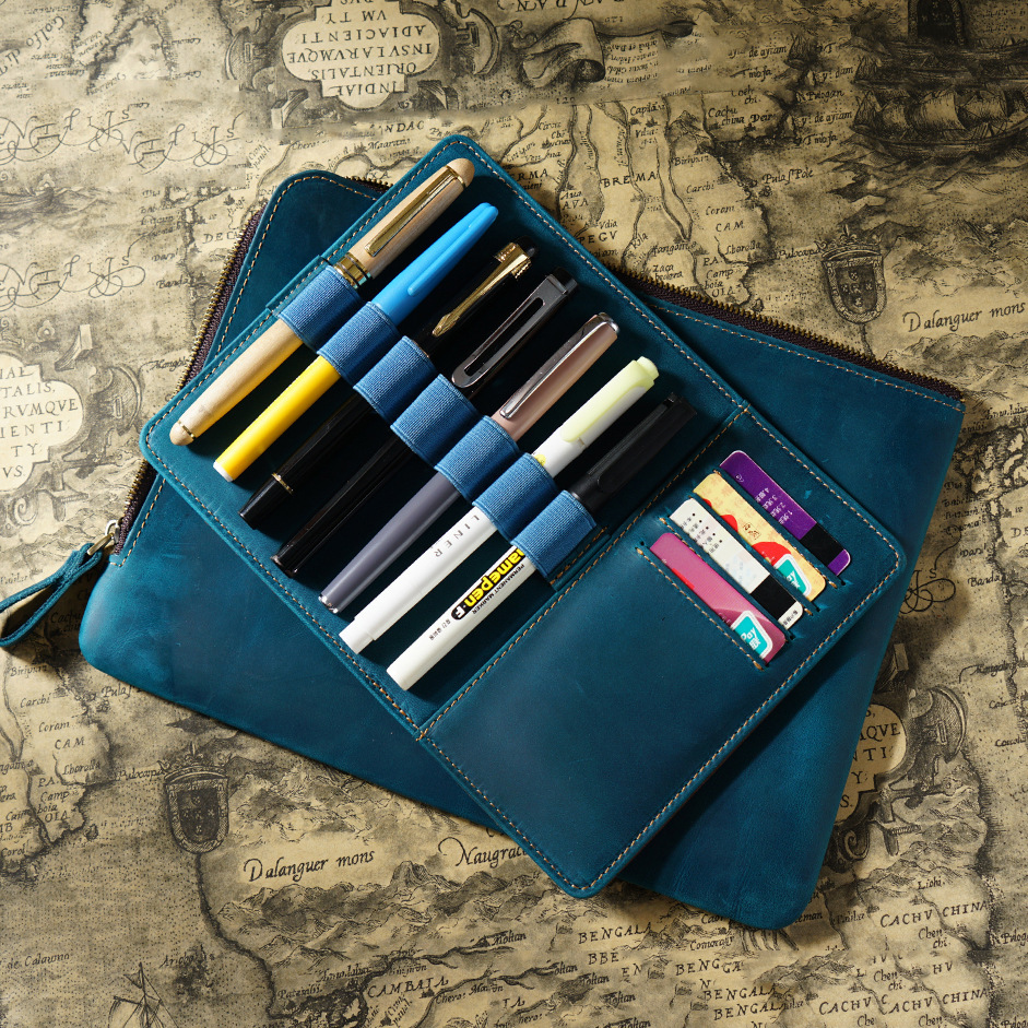 革 ペンケース 7本入れ 高級万年筆対応 筆/カード収納パッドとファスナーバッグ