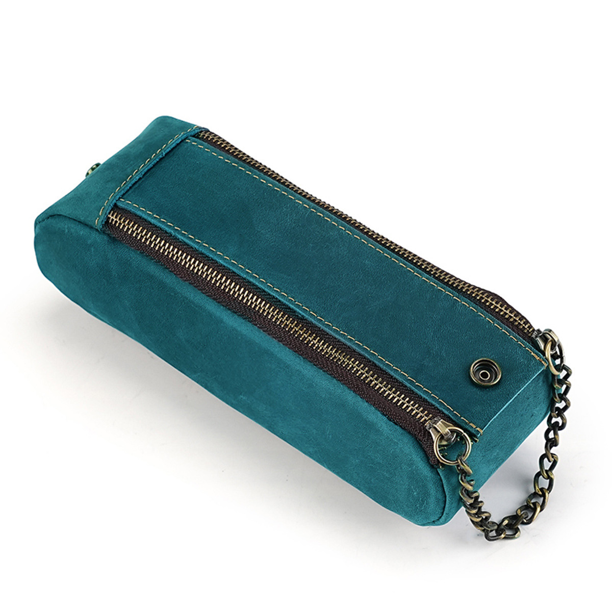 大容量 ファスナー 革 ペンケース 多機能 ペン立て付き チェンハンドル