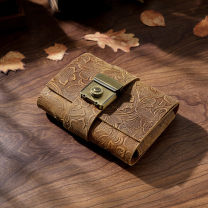 A7 6穴 バインダー 三つ折り 唐草模様 革カバー ノート パスワードロック付き