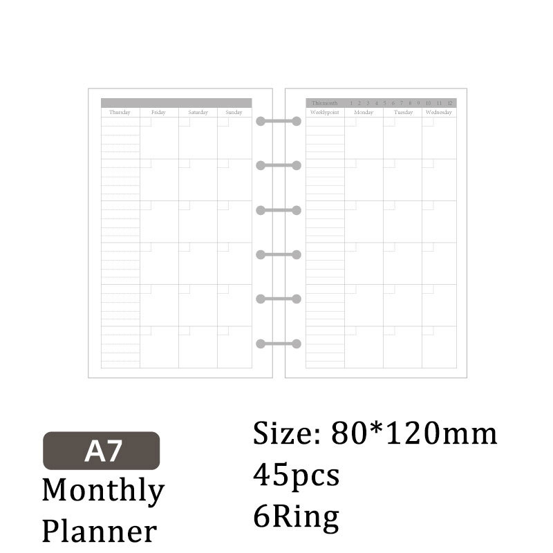 マンスリー ノート 用紙 6穴 A7 ルーズリーフバインダー対応