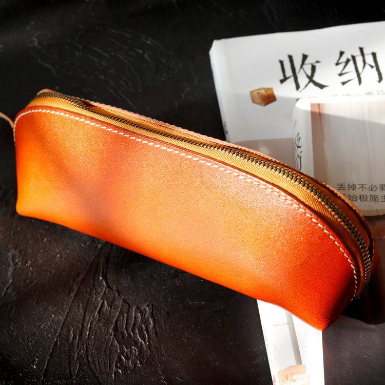 植物鞣し革 三角ペンケース 大容量 ファスナー筆箱