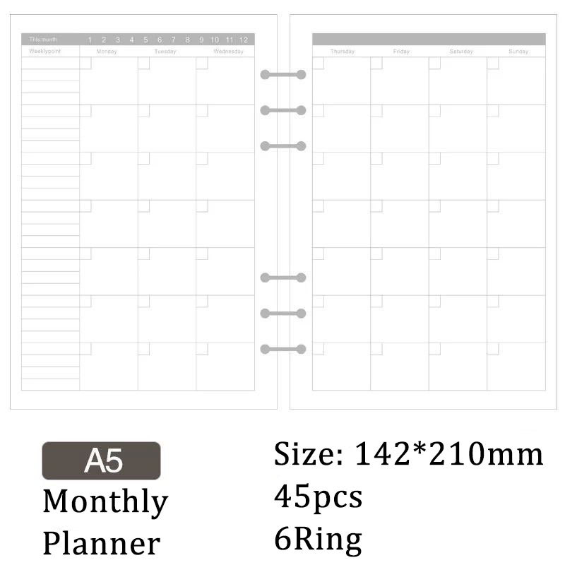 マンスリー ノート 用紙 6穴 A5 ルーズリーフバインダー対応