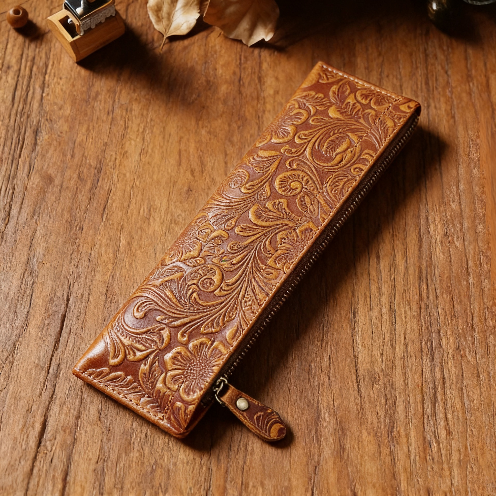 唐草模様 革 スリム ペンケース ファスナー筆箱