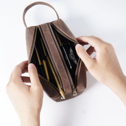 革 ペンケース ダブル ファスナー 大容量 筆箱