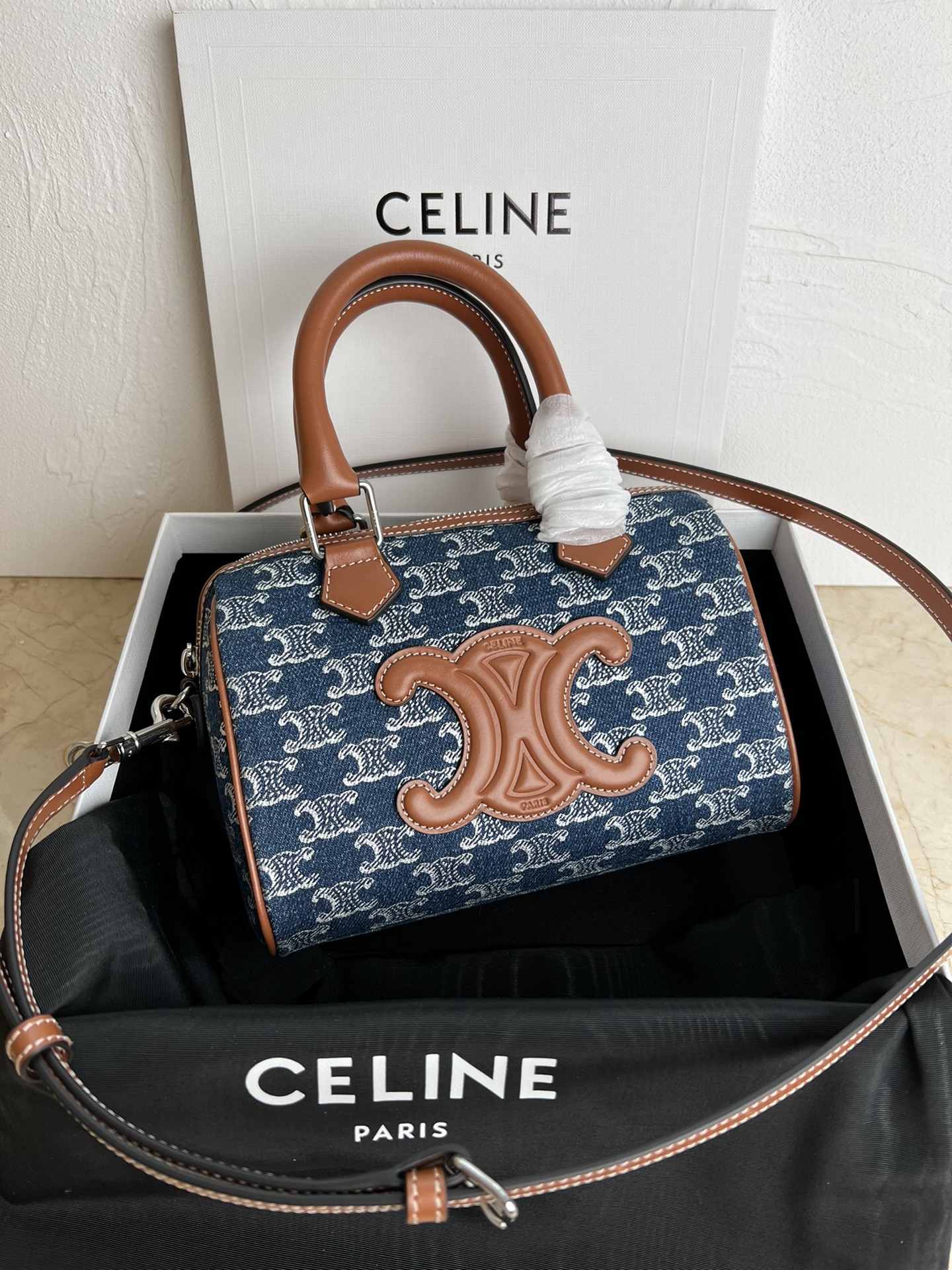 [Copy]セリーヌ(Celine)スモール ボストン / 全面トリオンフ デニム＆カーフスキン