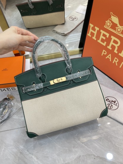 エルメス「Hermès」Birkin 30 ナパレザー×キャンバス ツートン ショルダーバッグ（シルバーハードウェア）
