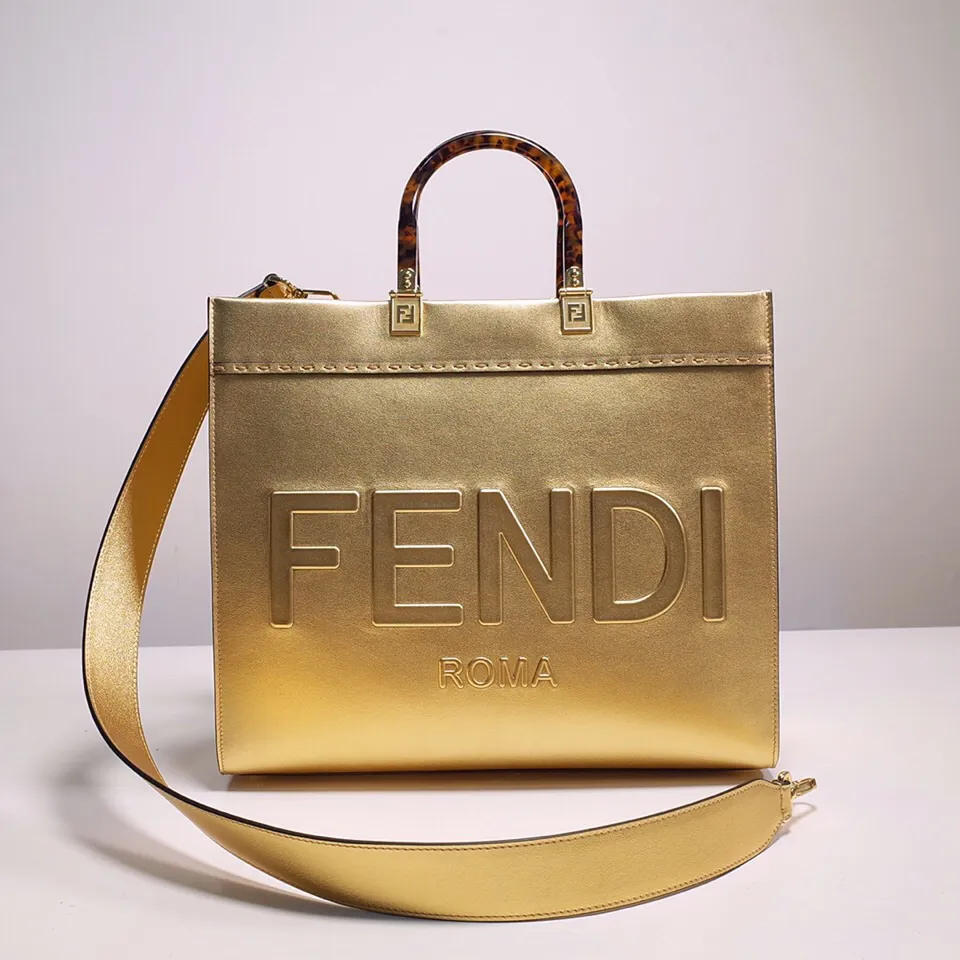 フェンディ「Fendi」Sunshine センタートートバッグ（シルバーラミネートレザー）