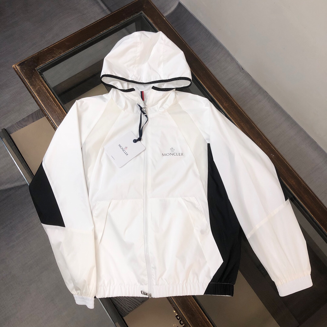 モンクレール「Moncler」2024早春 ブラック＆ホワイトカラーブロック トレンチコート風フードジャケット