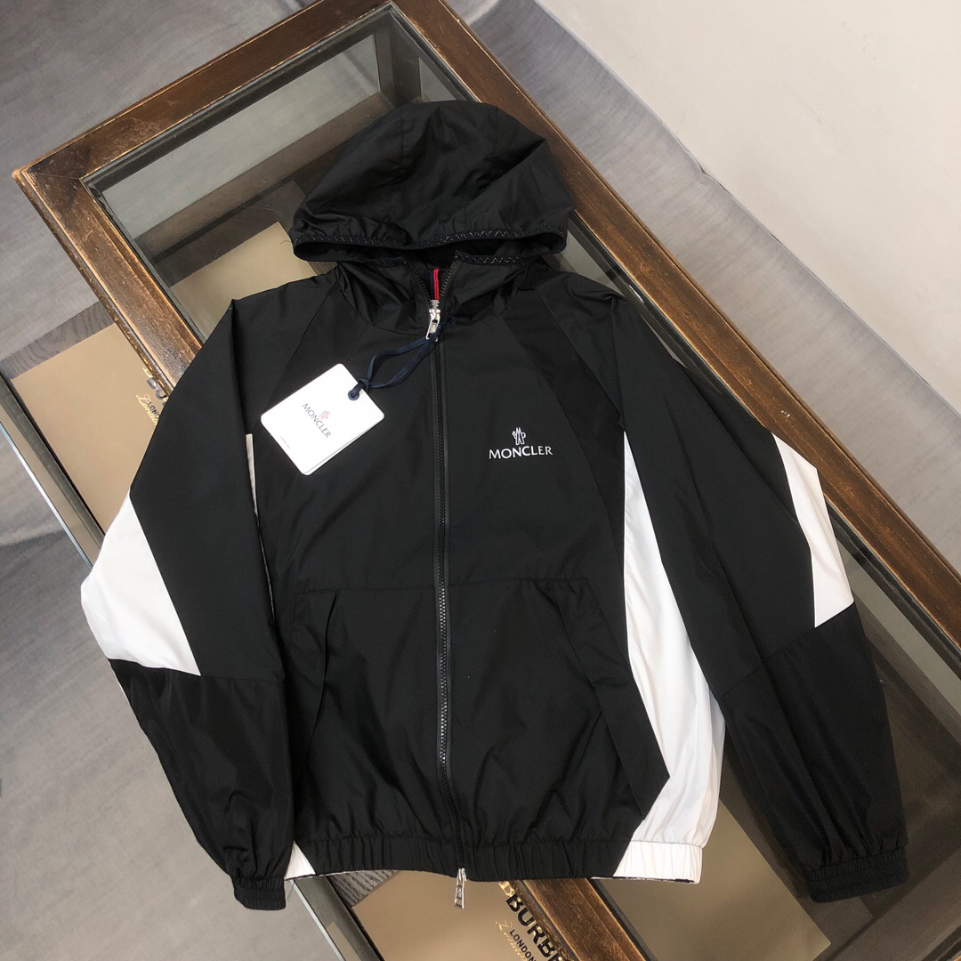 モンクレール「Moncler」2024早春 ブラック＆ホワイトカラーブロック トレンチコート風フードジャケット
