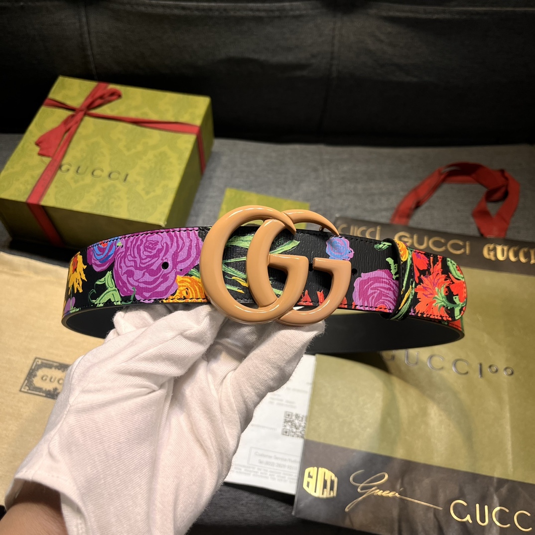 グッチ「Gucci」Ken Scott フローラル プリント GGバックル レザー ベルト100CM
